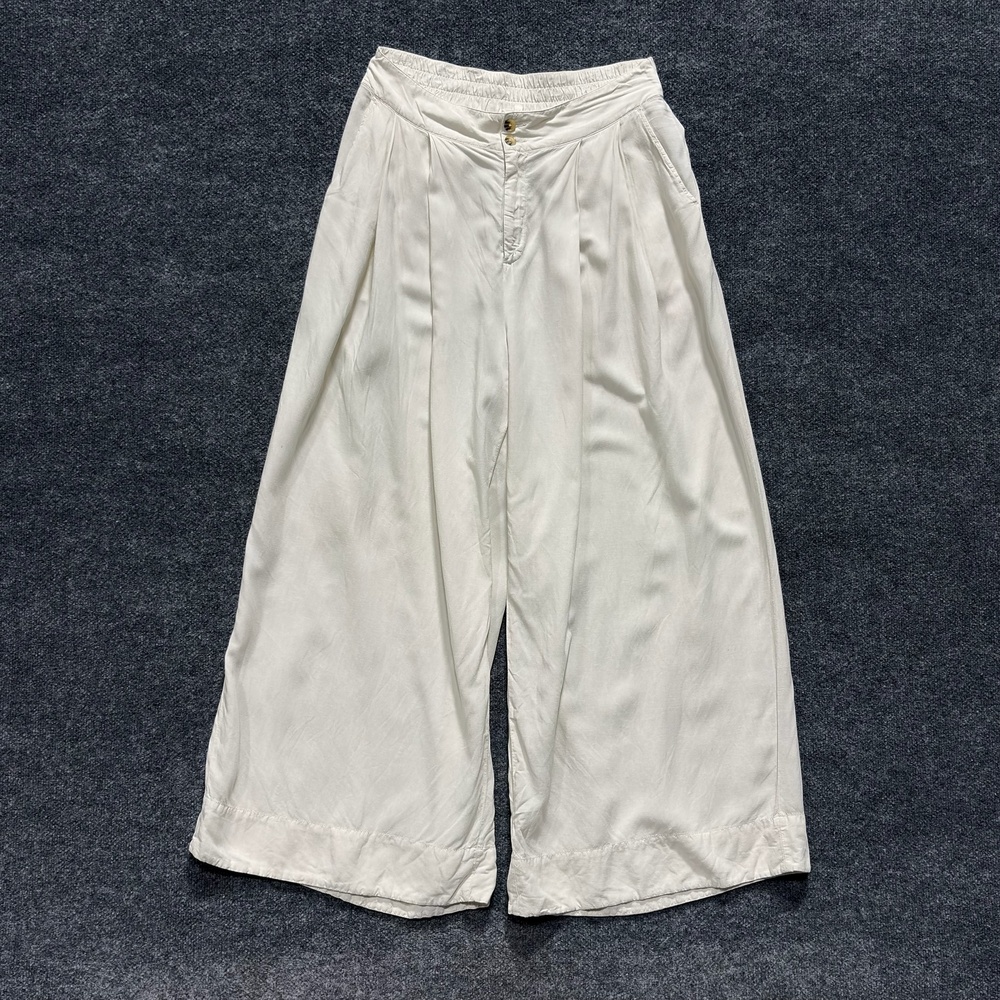 Splendid Pants Womens Small Off White Linen Blend Wide Leg Cropped Pleated Crepe